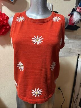 LOFT Red Sleeveless Daisy Embroidered Tank